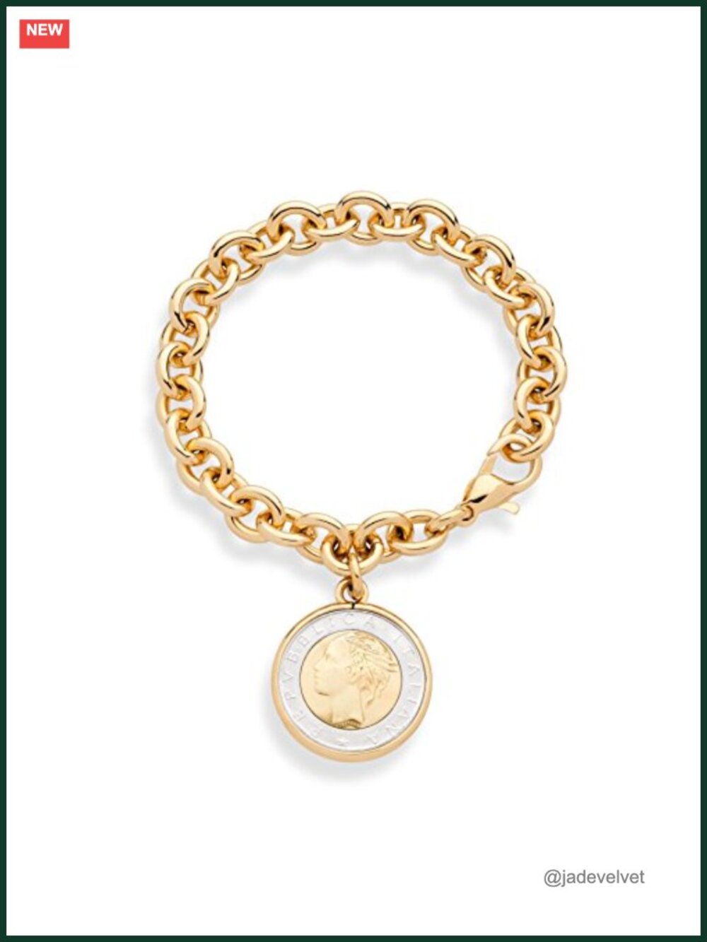 18K Gold Plated Bronze Italian 500-Lira Coin Charm Rolo Link Bracelet